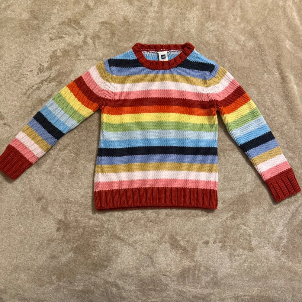 Gap Kids Rainbow Stripe Knit Sweater Crew Neck Multi Color Wool Blend S 5-6